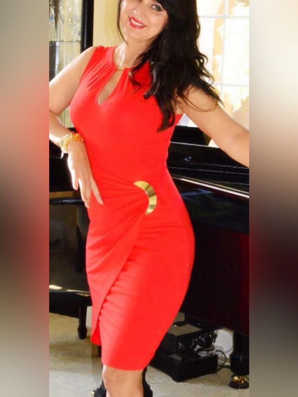 Cache Red coral Midi Sheath Dress with Gold Ring Detail